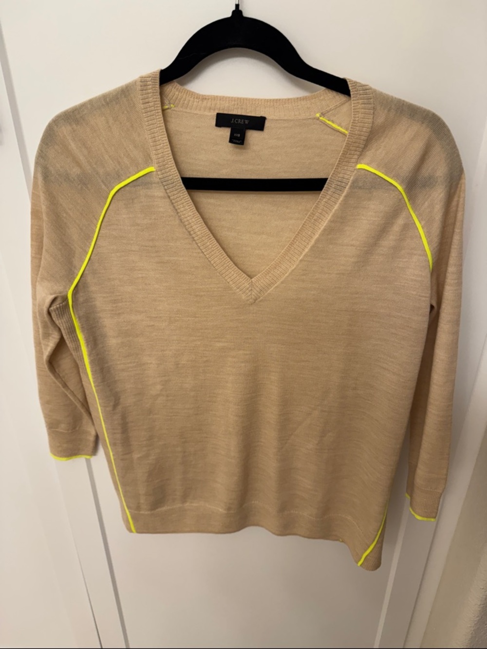 J. Crew Beige V-Neck Sweater with Neon Yellow Trim
